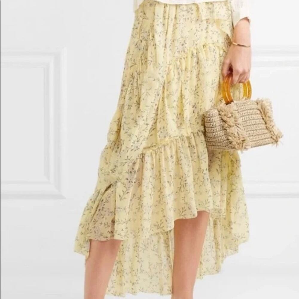 Ulla Johnson Marilyn Skirt Womens 10 Yellow Floral Silk Cottagecore Ruffle Midi